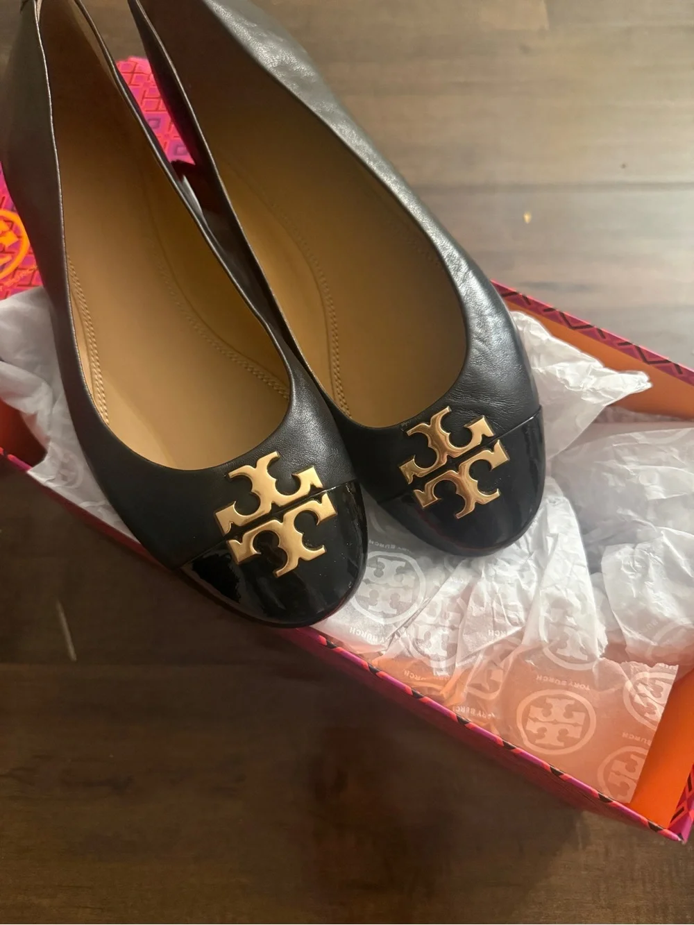 Tory Burch Black Ballet Flats with Gold Logo Medallion